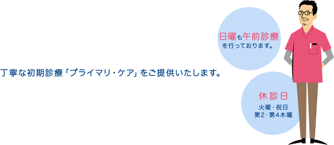 丁寧な初期診療「プライマリ・ケア」をご提供いたします。日曜も午前診療を行っております。休診日 火曜・祝日第2・第4木曜